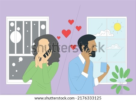 Young Asian couple using smartphone, long distance love concept. Happy Valentine's Day concept Love Be my Valentine. long social distance couple, virtual relationships vector illustration.