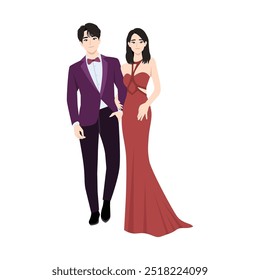 Young asian couple wearing formal suit and dress. Flat vector Character illustration