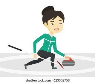 Young asian curling player with stone and broom exercising at rink. Curling player delivering a stone. Curling player sliding over the ice. Vector flat design illustration isolated on white background