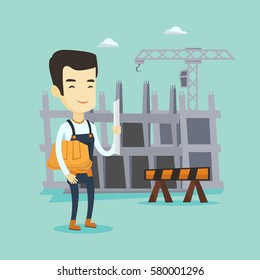 Young asian engineer standing with blueprint at construction site. Engineer holding hard hat and twisted blueprint. Engineer checking construction works. Vector flat design illustration. Square layout
