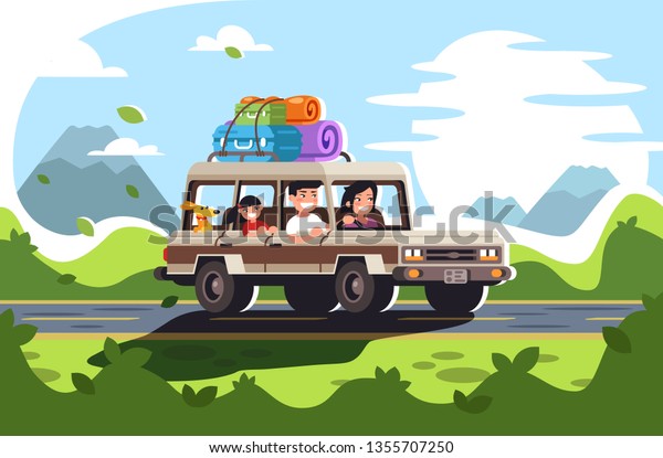 Young asian family with children and dog go on a trip\
by car