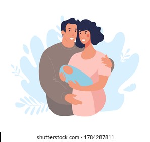 Young Asian family with a newborn baby. Mom holds her son in her arms. Husband and wife hug and take care of their little daughter. Flat vector illustration