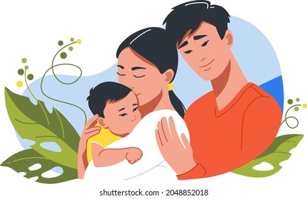Young asian family with newborn baby. Family Day postcard template. Horizontal vector banner isolated on white background.