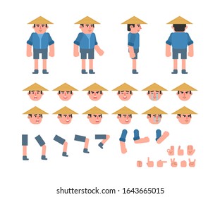 Jóven kit de creación de granjeros asiáticos. Crea tu propia pose o animación. Ilustración vectorial de diseño plano