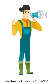 Young asian farmer with a megaphone making an announcement. Farmer making an announcement through a megaphone and pointing finger up. Vector flat design illustration isolated on white background.