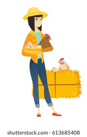Young asian farmer standing with basket of hens eggs and chicken on the background of hay bale. Farmer holding chicken and basket of eggs. Vector flat design illustration isolated on white background.