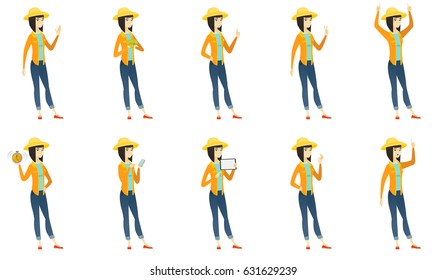 Joven granjero asiático en sombrero de verano dándole el pulgar. Largo de granjero sonriente con el pulgar hacia arriba. Un granjero alegre que muestra el pulgar hacia arriba. Conjunto de ilustraciones de diseño plano vectorial aisladas en fondo blanco.