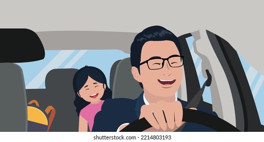 Young Asian Father Taking Daughter To Schoo By Car