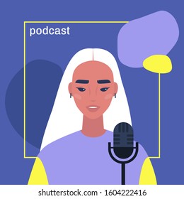 Young asian female character hosting a podcast, cover image template