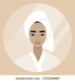 Young asian female character wearing a towel wrapped at the side of their head, daily body care routine