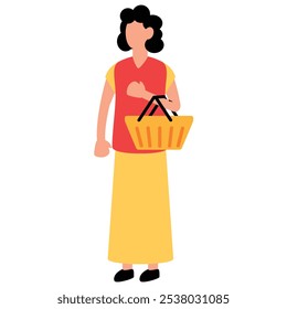 A young Asian female with curly hair waving hand and brings a shopping basket. Simple flat style illustration for business and finance concept