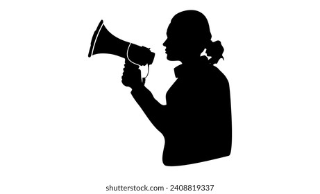 young asian female with megaphone, black isolated silhouette