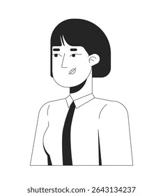 Jovem profissional asiática feminina com cabelo curto escuro 2D personagem linha. Avatar do membro da equipe. Mulher coreana camisa ceo e gravata isolada vetor tinta contorno pessoa. Ilustração de ponto monocromático