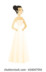 Young asian fiancee in a white dress laughing. Fiancee laughing with hands on her stomach. Happy fiancee laughing with closed eyes. Vector flat design illustration isolated on white background.