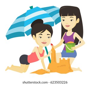 Young asian friends making sand castle on the beach under beach umbrella. Friends building sandcastle. Tourism and beach holiday concept. Vector flat design illustration isolated on white background.