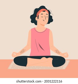 Young asian girl, doing yoga meditation at home, illustration concept.