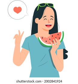 Young Asian Girl, Eating Watermelon, Illustration Concept.