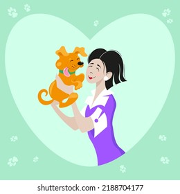 Young Asian girl hugging her beloved ginger puppy in a heart-shaped frame on a light green background