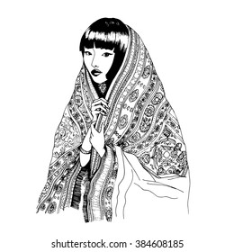 Young Asian girl illustration. Ethnic motives. Hand drawn