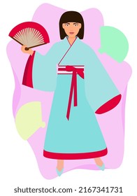 A young Asian girl in a kimano. She is holding a fan in her hand.