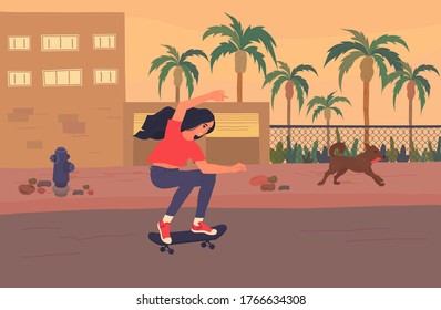 Young asian girl learn riding skateboard, try not to fall. Teenage skategirl skateboarding at empty street in the evening. Urban landscape with running dog on the background. Flat vector illustration