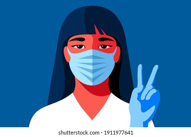 Young Asian girl in medical face mask and gloves showing victory sign. Concept of coronavirus pandemic. Vector illustration