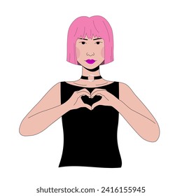 Joven asiática muestra gesto de mano de amor. Carácter femenino con signo cardíaco de apoyo en el día de la mujer. Ilustración aislada vectorial del retrato de mujeres de cabello rosa.