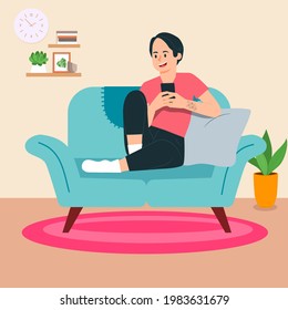 Young asian girl sitting in her sofa and playing with her phone, illustration concept.
