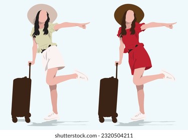 young Asian girl with a suitcase in vector illustration