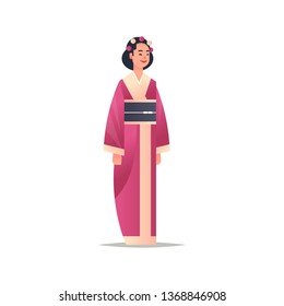 young asian girl wearing traditional dress attractive woman in national ancient costume standing pose chinese or japanese female cartoon character full length flat white background