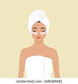 A young Asian girl wrapped in a white towel, with a towel on her head, with cosmetic patches under her eyes. Vector stock flat illustration