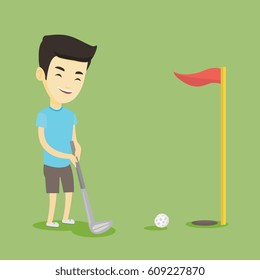 Young asian golfer playing golf. Golfer hitting the ball in the hole with red flag. Professional golfer on the golf course. Vector flat design illustration. Square layout.