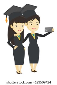 Young asian graduates making selfie. Graduates in cloaks and graduation caps making selfie. Happy graduates making selfie with cellphone. Vector flat design illustration isolated on white background.
