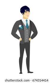 Young asian groom in a wedding suit laughing. Groom laughing with hands on his stomach. Groom laughing with closed eyes and open mouth. Vector flat design illustration isolated on white background