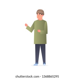 young asian guy in hat wearing casual clothes happy attractive man standing pose chinese or japanese male cartoon character full length flat white background