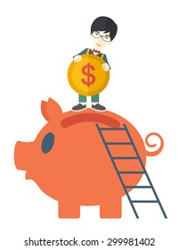 A young asian guy saving his money by putting a coin in big piggy bank using a ladder. Saving concept. A Contemporary style. Vector flat design illustration isolated white background. Vertical layout.