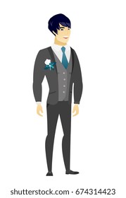 Young asian happy bridegroom in a wedding suit. Full length of smiling happy bridegroom posing. Illustration of happy bridegroom. Vector flat design illustration isolated on white background.