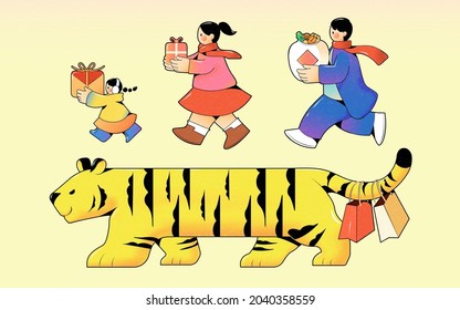 Young Asian holding gift boxes and cute tiger bringing paper bags. Concept of sending gifts during the Chinese new year. Isolated character element set.