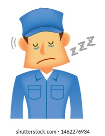 Young asian (Japanese,Korean etc.) blue collar worker (upper body) vector illustration (engineer,repairman,mechanic,delivery man etc.) / dozing,tired,overwork