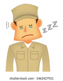 Young asian (Japanese,Korean etc.) blue collar worker (upper body) vector illustration (engineer,repairman,mechanic,delivery man etc.) / dozing,tired,overwork