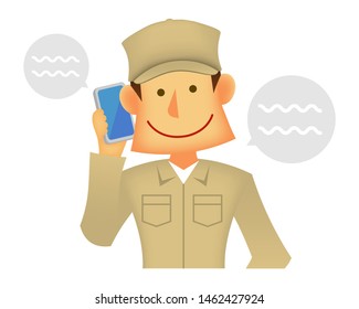 Young Asian (Japanese,Korean Etc.) Blue Collar Worker (upper Body) Vector Illustration (engineer,repairman,mechanic,delivery Man Etc.) / Talking On A Mobile Phone