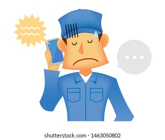 Young Asian (Japanese,Korean Etc.) Blue Collar Worker (upper Body) Vector Illustration (engineer,repairman,mechanic,delivery Man Etc.)  Scolded Over The Phone