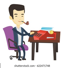 Young asian journalist writing an article on a vintage typewriter. Concentrated journalist working on retro typewriter and smoking pipe. Vector flat design illustration isolated on white background.