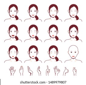 Young asian lady' face vector illustration set / emotional face pattern (with hand illustration set) 