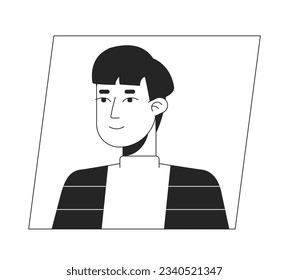 Young asian man black white cartoon avatar icon. Editable 2D character user portrait, linear flat illustration. Vector face profile. Outline person head and shoulders