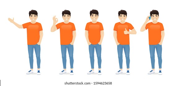 Young asian man in casual clothes standing with different gestures set isolated vector illustration