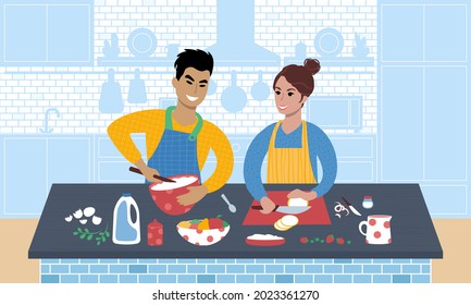 Young asian man and caucasian woman preparing food together. Cooking a meal in the kitchen. Flat style vector Illustration.