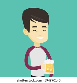 Young asian man celebrating with beer. Smiling man holding a big glass of beer. Full length of male beer fan. Man drinking beer at pub. Vector flat design illustration. Square layout.