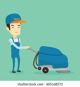 Young asian man cleaning supermarket floor. Friendly man working with cleaning machine. Cheerful male worker of cleaning services in supermarket. Vector flat design illustration. Square layout.