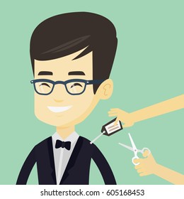 Young asian man cutting price tag off new clothes with scissors. Smiling man removing price tag off his new t-shirt. Happy man shopping at clothes store. Vector flat design illustration. Square layout